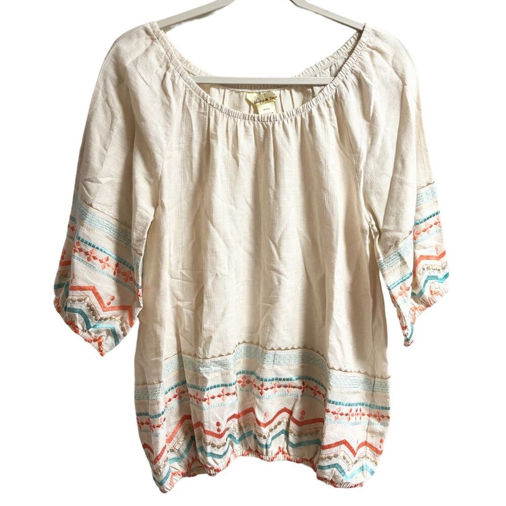 Bohemian Mexico Embroidered Cream Peasant Blouse Cream & teal and rust M